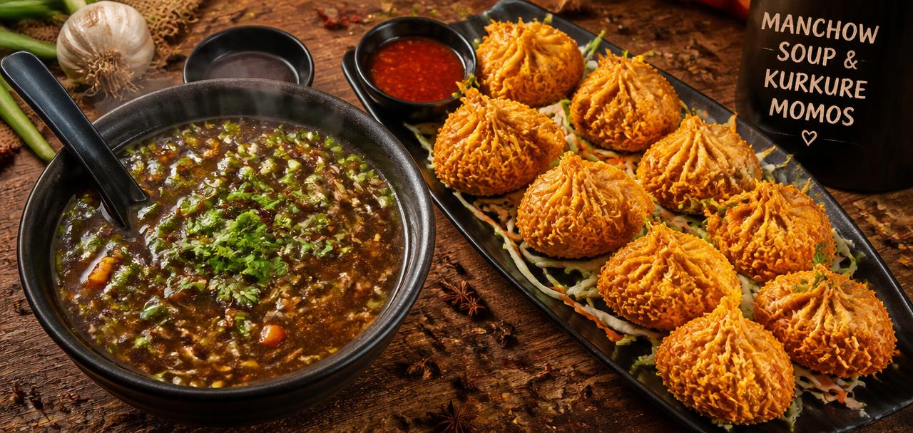 Steaming Manchow soup and golden kurkure momos on a rustic wooden table with scattered spices